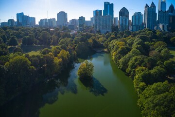 Panoramic aerial view of Atlanta skyline and Piedmont park spring sunset 