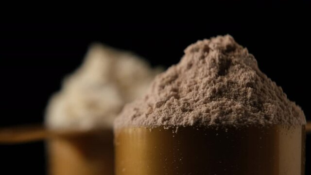 Protein powder in scoop, close up