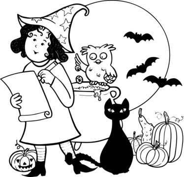 Cute Witch Holding List and Preparing Potion Helped by Owl, Cat and Bats