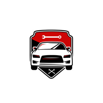 Auto mobile mechanic repair service logo icon symbol badge emblem with sedan car, shield and wrench tool illustration vector graphic