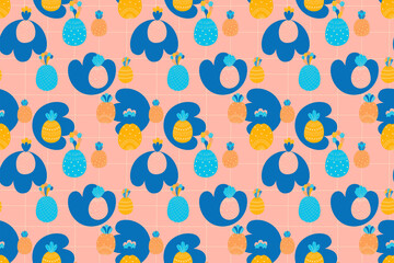 Childish seamless pattern of cartoon multicolored pineapples, abstract blue spots and square grid on a pink background. For children's clothing for girls, fabric, textiles, summer decor. Vector.