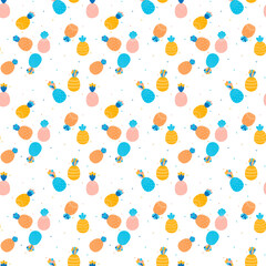 Childish seamless pattern of cartoon bright multicolored pineapples and dots on a white background in the Scandinavian style. For baby clothes, fabrics, textiles, summer decor, wallpaper. Vector.