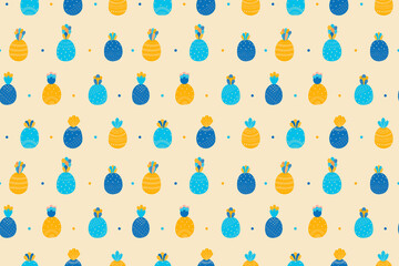 Simple cheerful childish seamless pattern of abstract patterned multicolored pineapples and circles on a beige background in the Scandinavian style. For wallpaper, children's clothing, fabric. Vector