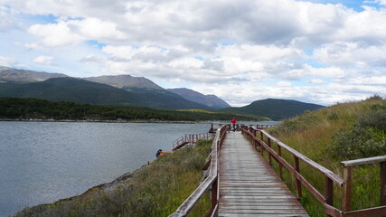 water, lake, nature, landscape, sky, bridge, beach, clouds, mountain, blue, sea, summer, mountains, travel, path, boardwalk, river, wood, green, scenic, grass, ocean, sand, forest, wooden