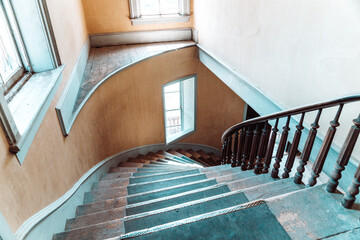 Spiral staircase in an abandoned hotel in the Bannack Ghost Town of Montana