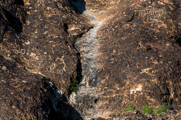 petroglyphs on rock wall