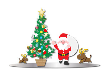 クリスマス　サンタクロースとクリスマスツリーとトナカイ　背景無し