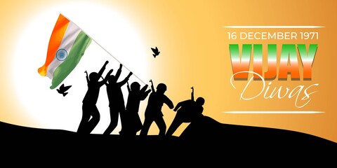 Vector illustration of Vijay Diwas (VICTORY DAY)banner, 16 december 1971, India flag, soldier with rifle and helmet, flying birds, banner template for websites.