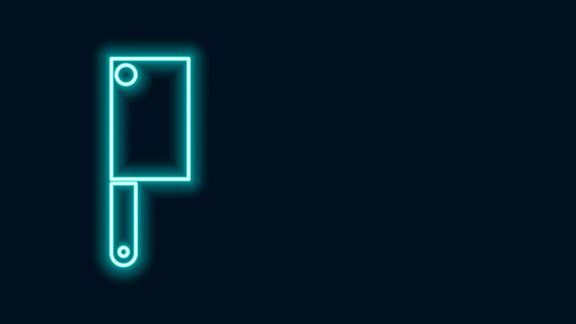 Glowing neon line Meat chopper icon isolated on black background. Kitchen knife for meat. Butcher knife. 4K Video motion graphic animation
