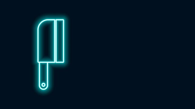 Glowing neon line Meat chopper icon isolated on black background. Kitchen knife for meat. Butcher knife. 4K Video motion graphic animation