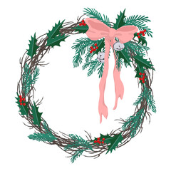 Cute vector illustration with christmas wreath with ribbon holly leaves and fir branches
