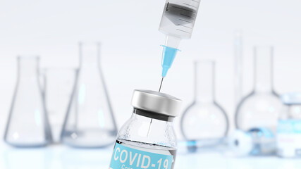 Medical syringe with a needle and a bollte with vaccine. 3D rendering