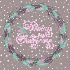 Merry Christmas wreath with holly leaves and tree branches vector illustration