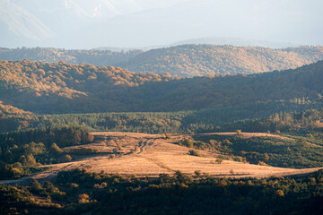 clear blue air over mountains in bulgaria crops hay fields clouds blue sharp focus distance superzoom copy space for text minimal landscape rural