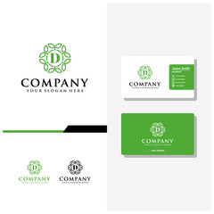 letter D ornament leaf logo design and business card vector