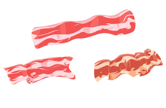 set of bacon icons on a white background. raw smoked and toasted bacon. vector. ingredients for cooking, cafe and restaurant menus. meat products. fresh and fried becon