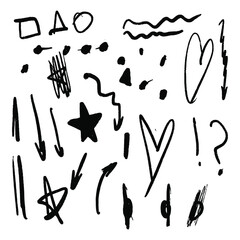 Roughly hand drawn, handmade elements. Set of hearts, stars and arrows EPS Vector