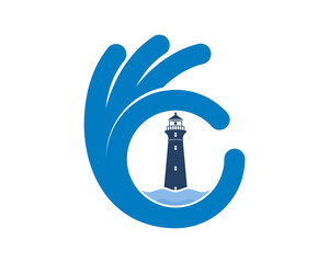 OK gesture hand with lighthouse in the middle