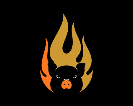 Pig head with fire flame behind