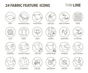 24 Fabric feature thin line icons-Pictograms with editable stroke
