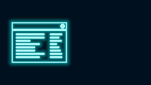 Glowing neon line Software, web developer programming code icon isolated on black background. Javascript computer script random parts of program code. 4K Video motion graphic animation
