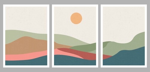 Mid century modern minimalist art print. Abstract contemporary aesthetic backgrounds landscape with forest and mountains. vector illustrations