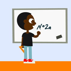 pupil and school board, african american boy, isolated vector illustration. Design for stickers, logo, web and mobile app.