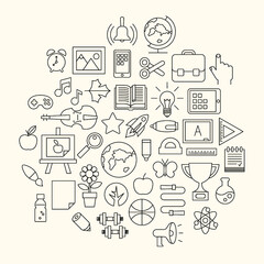 School educations icons set. Education and training. Office equipment. Isolated vector illustration. Design for stickers, logo, web and mobile app.