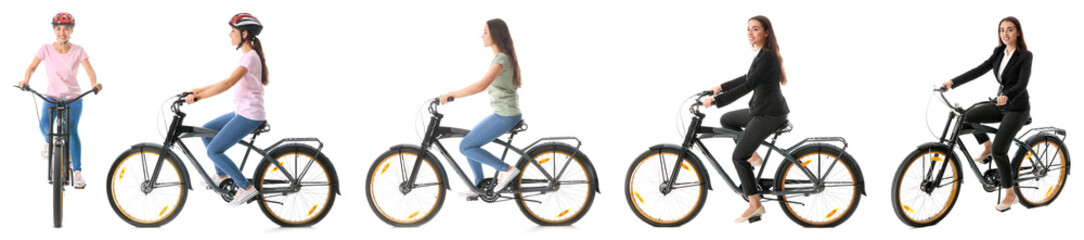 Sporty young woman riding bicycle against white background © Pixel-Shot