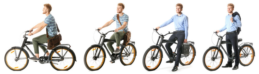 Obraz premium Sporty young man riding bicycle against white background