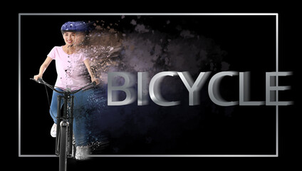 Beautiful young woman riding bicycle on dark background