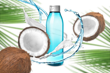 Composition with bottle of shampoo, splashes and coconuts on white background