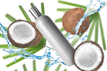 Composition with bottle of shampoo, splashes and coconuts on white background