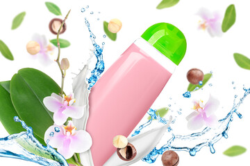 Composition with bottle of shampoo, orchid flowers and macadamia nuts on white background