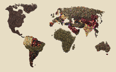 World map made of dry tea on light background