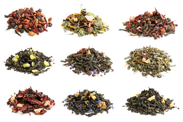 Different fruit tea on white background