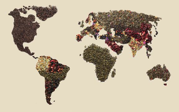 World Map Made Of Dry Tea On Light Background