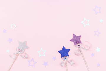 Children girl birthday party holiday background with bright stars and magic wand.