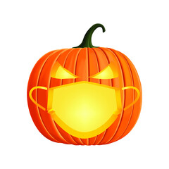 Bright orange halloween pumpkin carved with a surgical face mask to reflect the current Coronavirus pandemic
