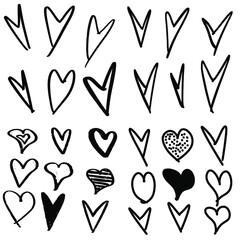 Set, collection of hand drawn hearts. Handdrawn rough marker hearts isolated on white background EPS Vector illustration