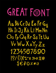 English, original display font. Author's alphabet. A complete set of signs, numbers, capital and lowercase Latin letters. It can be used in design and logos. Awesome font.