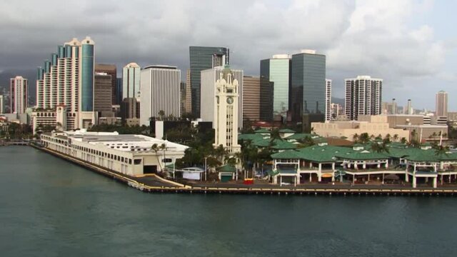 Aloha Tower and the downtown of Honolulu city in Oahu, Hawaii, USA.Honolulu skyline.