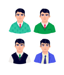 Fototapeta premium Illustration of young people. Cartoon businessman of mature age. Characters for advertising and design. Vivid images with big eyes. Profile avatar. Middle managers.