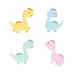 Set of cute dinosaurs. Dinosaurs for kids. Cartoon vector illustration in watercolor color. Drawing for printing on clothes, birthday decoration, postcards, books about dinosaurs and dragons.