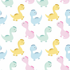 Obraz premium Endless background with cute dinosaurs for baby. Monster, dragon and dinosaur. Vector pattern for printing on Wallpaper, fabric, clothing, packaging paper for birthday.