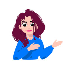 Illustration of a young brown-haired girl. Cartoon woman points to the left with her hands. Character for advertising and design. Bright image of a businesswoman. Profile avatar. 