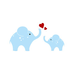 Two blue elephants on a white background with hearts. Vector flat cartoon illustration for children's room. Design of a postcard, poster, album for a boy.