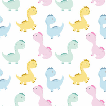 Endless background with cute dinosaurs for baby. Monster, dragon and dinosaur. Vector pattern for printing on Wallpaper, fabric, clothing, packaging paper for birthday.