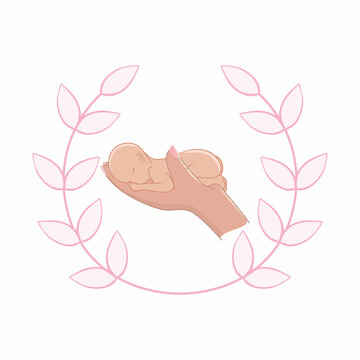 The child is in the mother's arms. Beautiful pink logo logo for medical perinatal center, hospital. Illustration of World Prematurity Day on November 17. World children's day.
