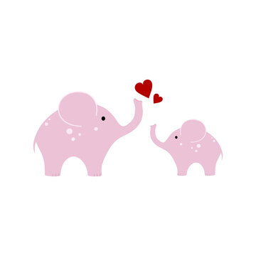 Drawing of a pink elephant for a girl isolated on a white background. Cute children's cartoon illustration. Mom and baby in the world of animals and wildlife. .